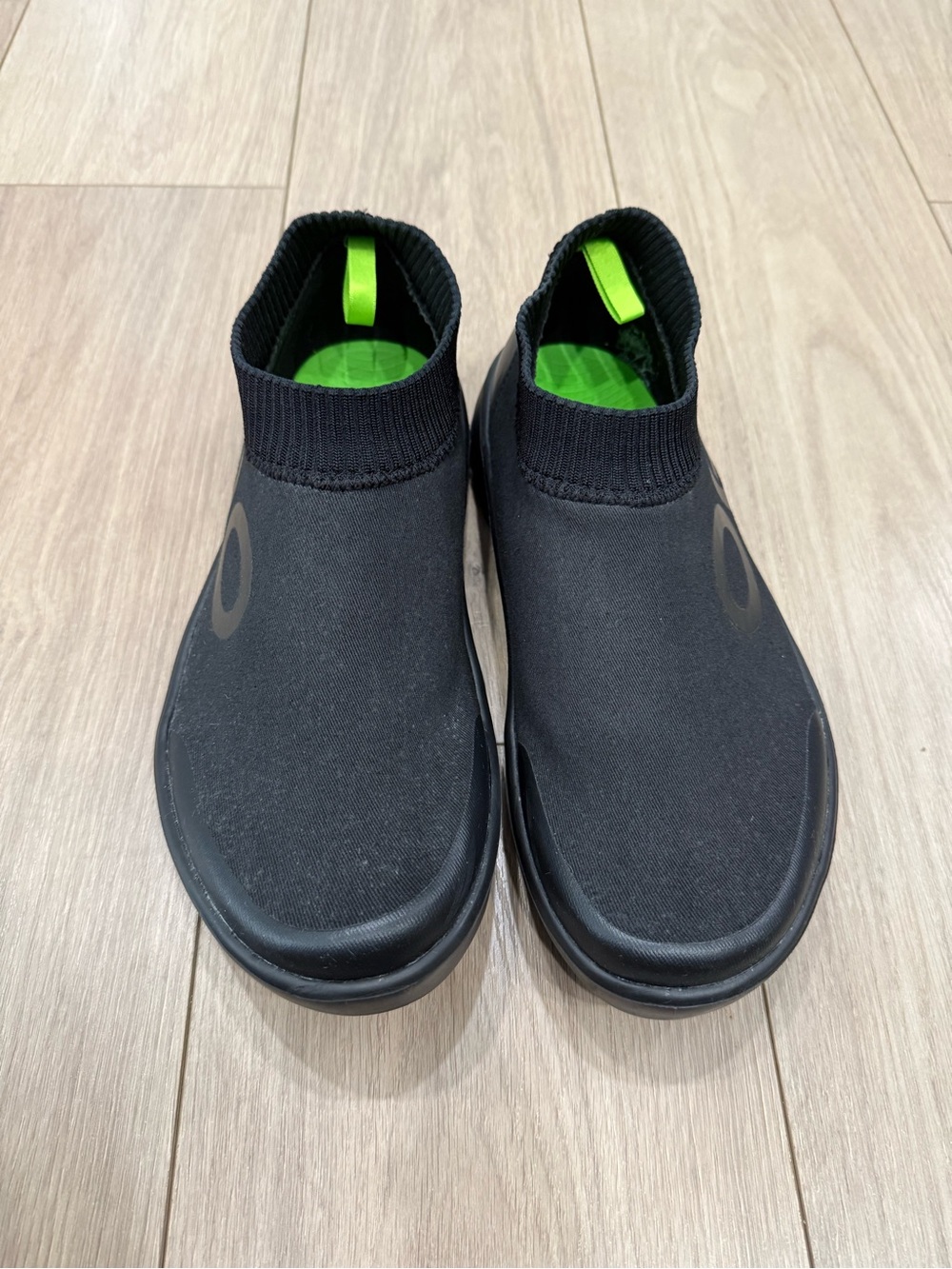 OOFOS Men's Black Slip-On Sock Sneakers with Neon Green Interior
